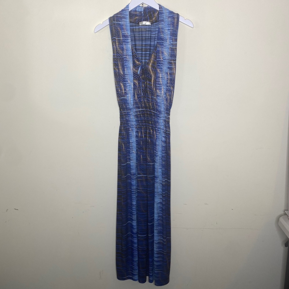 Seven Islands Womens XL Blue Metallic Abstract Stripe Smocked Waist Maxi Dress